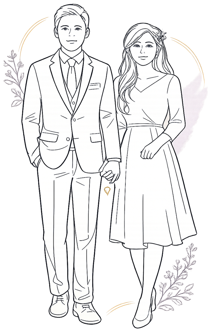 Ilustración de pareja con vestimenta formal y modesta